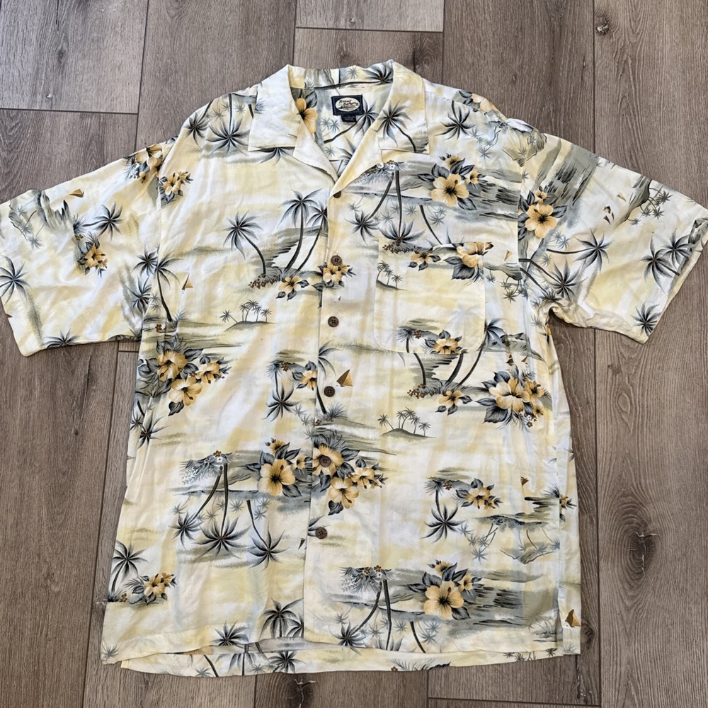 VTG Tommy Bahama Shirt Mens L Floral Rayon Camp Hawaiian Loop Collar Button Up‎
